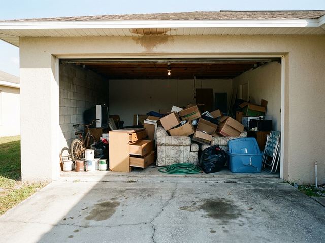 A single-car garage packed to chest height with boxes, a couch, a dresser and a bicycle